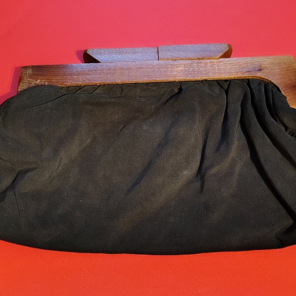 Vtg Black Soft Pouch Wooden Big Clutch Bag - Picture 7 of 10